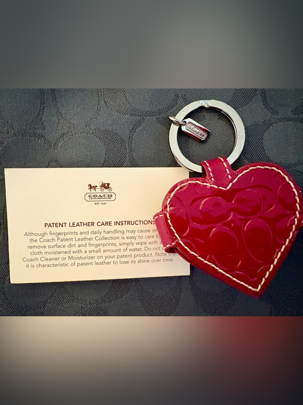 Coach Patent Leather Red Photo Frame Heart Keychain with Lock - Picture 5 of 5
